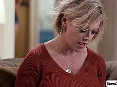 Milf pulls stepdaughter close, shows her how to rub shaved pussy and lick tits in taboo lesson.