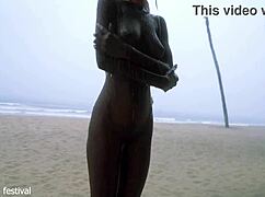 Skinny Ebony Village Girl Shakes Tits Naked in Rainy Ranch Dance with Slim Waist