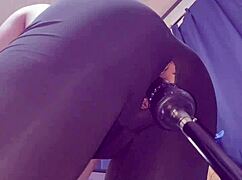 crossdressing slut in tight short leggings takes anal pounding from machine till massive cumshot.