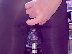 crossdressing slut in tight short leggings takes anal pounding from machine till massive cumshot.