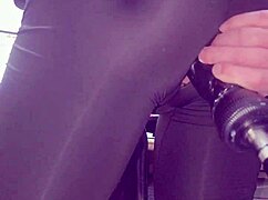 crossdressing slut in tight short leggings takes anal pounding from machine till massive cumshot.