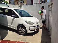 brother's football game interrupted behind car for brazilian creampie play