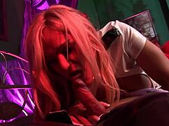 a milf dressed as vampire deepthroats n anal fucks visiting couple in latex bdsm threesome...