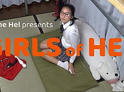 submissive slut edges with anal hook bound hands high in air