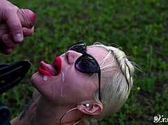 gardener surprises tattooed girl with public pov facefuck cum swallow