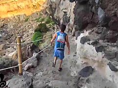 Skinny Housewife Gives Outdoor Cliffside Blowjob with Tits Out