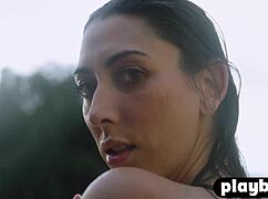 Big booty brunette latina milf poses naked small tits bubble ass poolside outdoor erotic