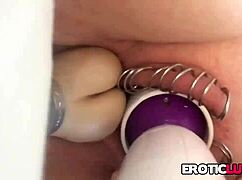 super horny babe rams huge dildo into her pierced wet pussy homemade