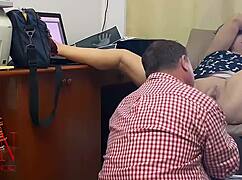 Femdom Lady Boss Commands Employee Pussy Lick Hidden Office Cam