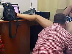 Femdom Lady Boss Commands Employee Pussy Lick Hidden Office Cam