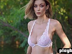 Wet teen model anna lisa bares huge tits in outdoor lingerie strip