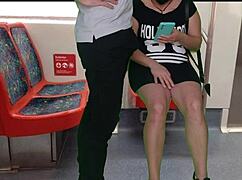 girl in dress no panties jerks stranger handjob blows him public train