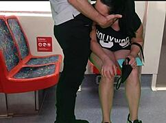 girl in dress no panties jerks stranger handjob blows him public train