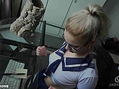 Fucking my nerdy tutor doggystyle till he creampies shaved pussy