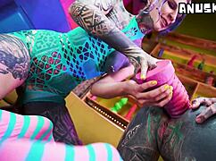 Alt punk babes fist gaping shaved asses with huge toys and nipple piercings rocking