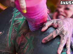 Alt punk babes fist gaping shaved asses with huge toys and nipple piercings rocking