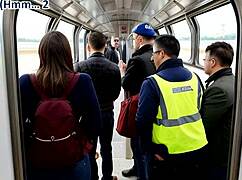 blonde milf in leather skirt rides cock on public train