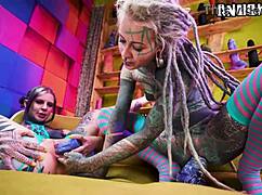 Alt punk babes fist gaping shaved asses with huge toys and nipple piercings rocking