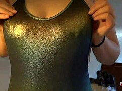 Brunette babe in bikini sprays cum on big ass belly and natural tits fetish play