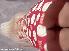 check out this horny latina blonde milf in her tight dress showing off that big curvy hairy pussy up close