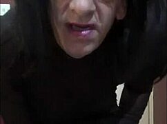 Crossdressing sissy slurps piss cum mix from glass