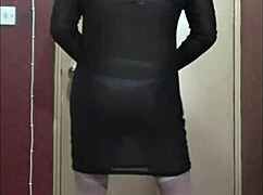 Crossdressing sissy slurps piss cum mix from glass