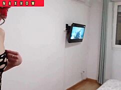 Watch this hot nerdy brunette tease in fishnets shaking her amazing tight ass on bed