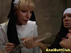these wam nuns in fetish cosplay costumes suck dildos while getting big asses fucked and gaped