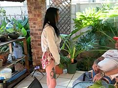 bellarose34's athletic brunette wife cuckold fucks petite tight pussy with old man's small cock homemade fitness orgasm