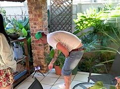 bellarose34's athletic brunette wife cuckold fucks petite tight pussy with old man's small cock homemade fitness orgasm