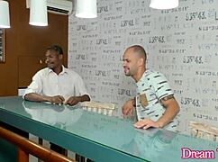 Tgirl Maira Dimov sandwiched bareback between two interracial cocks