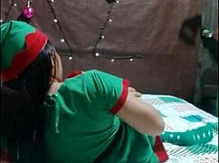 My 60-year-old stepdad's monster cock stretches my tight 20-year-old Latina pussy riding him hard at Christmas