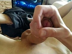 College guy strokes huge cock after dad leaves