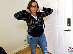 Busty nerdy brunette celeste squeezes huge shaved tits and fingers hairless pussy pov