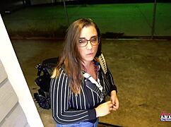 Busty nerdy brunette celeste squeezes huge shaved tits and fingers hairless pussy pov