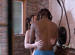 black equipment manager catches cute asian cheer captain masturbating in shower then fucks her hard