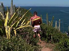 beautiful brunette babe rides cock cowgirl in wet beach threesome doggystyle anal