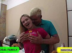 Irina begs muscular brad and matt to pound her juicy pussy harder in bedroom threesome creampie