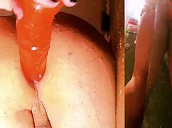 Trans amateur crossdresses in shower using dildo toys while bathing