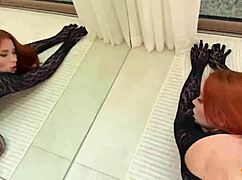 Redhead sweetie fox in fishnets fucks passionately on floor till cum on ass