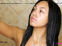 amazing brunette with sexy curves steps into steamy shower after casting chat