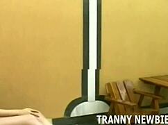 Tranny virgin bends over as shemale grabs her ass for that first huge cock pounding