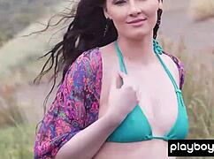 playful skylar leigh strips naked in the stream showing off her curves