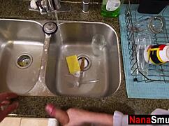 hot nana grabs stepgrandson's cock for steamy shower suck session