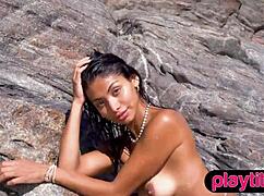 PETITE MEXICAN BABE RIPS CLOTHES TO SHOW WET BIG ASS ON BEACH!