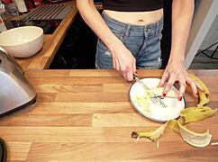 Intoxicating kitchen enema with piss milk spit banana ass to mouth