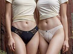 these cute lesbians slip into their skimpy underwear teasing each other barefoot in lingerie