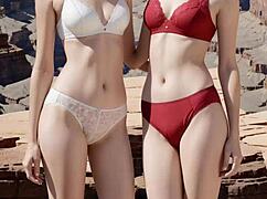 these cute lesbians slip into their skimpy underwear teasing each other barefoot in lingerie