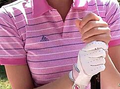 Skinny Japanese teen risks uncensored blowjob on older guy's cock at golf lesson! 😏💦