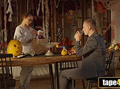 Heart pounds as tattooed latina takes massive cock in Halloween hardcore hookup